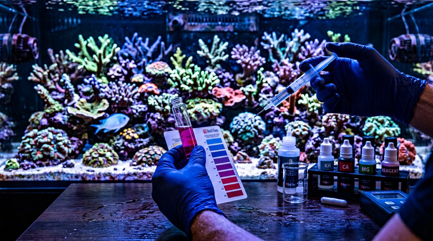 นักเลี้ยงวัดค่าน้ำด้วยหลอดทดสอบเทียบสีและฉีดสารอาหารตรงหน้าตู้รีฟ